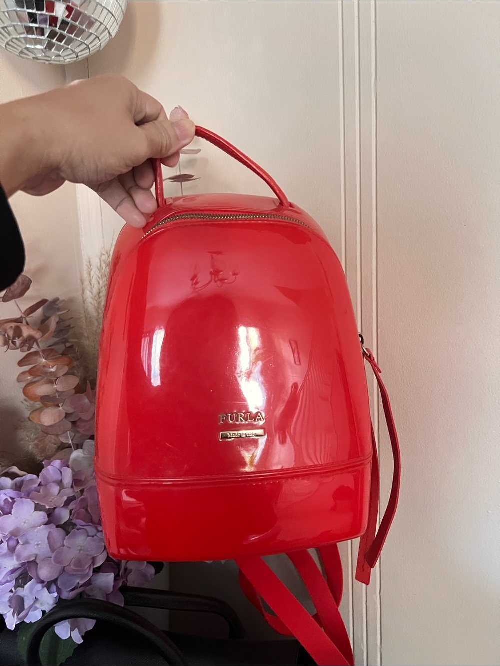 Furla Glossy Red Patent Mini Backpack
